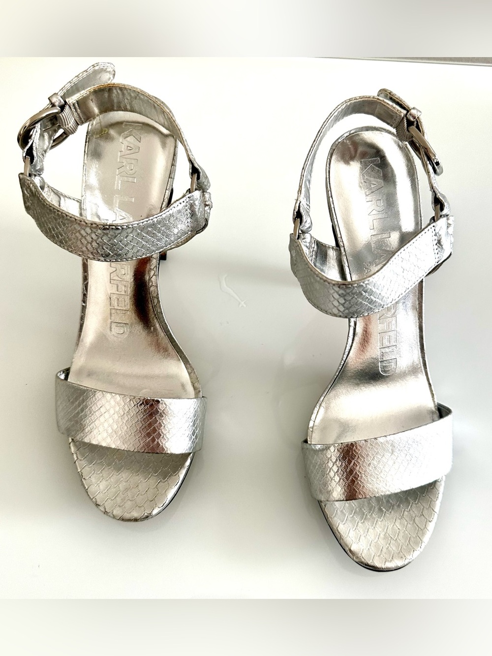 Karl Lagerfeld Silver Textured Ankle-Strap Sandals